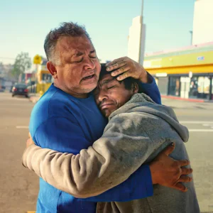 Pastor Carlos With Homeless Man - Men and Women of Los Angeles